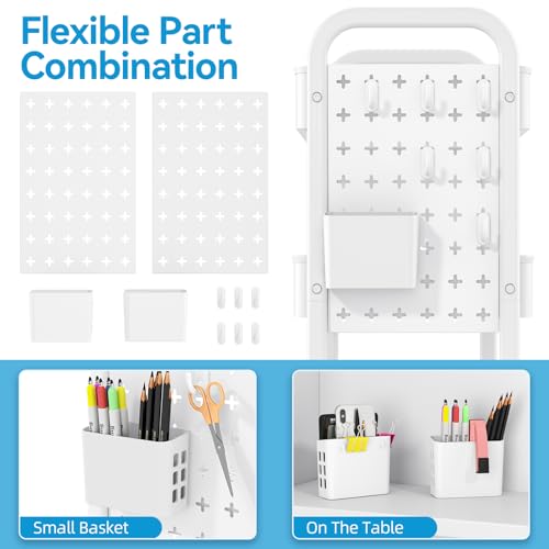 TOOLF Metal Rolling Storage Cart, 3-Tier Utility Mobile Cart with DIY Pegboards, Serving Trolley Cart with Baskets Hooks, for Kitchen, Bathroom, Office, Home, Classroom (Light White) - color: Light White