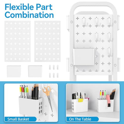 TOOLF Metal Rolling Storage Cart, 3-Tier Utility Mobile Cart with DIY Pegboards, Serving Trolley Cart with Baskets Hooks, for Kitchen, Bathroom, Office, Home, Classroom (Light White) - color: Light White