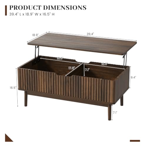 39” Fluted Lift Top Coffee Table with Storage, Walnut | Mid Century Modern Coffee Table for Living Room, Home Office - color: Walnut, size: 18.9"D x 39.4"W x 16.5"H