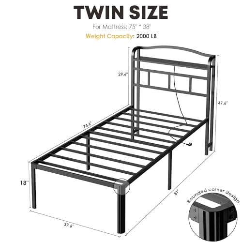 YORMDMO Twin Bed Frame - Heavy Duty Metal Bedframe with Storage Headboard Charging Station, Easy Assembly, No Box Spring Needed, 18 Inch, Black