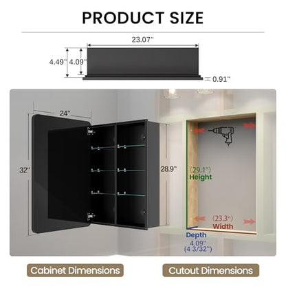 24x32 Black Medicine Cabinet with Mirror, Recessed & Surface Mount | Bathroom mirror with storage: 6 adjustable shelves fit tall bottles; DTC soft-close hinges; rust-resistant aluminum - size: 24" x 32"