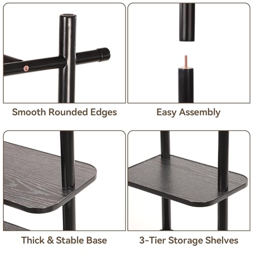 Wood Coat Rack Freestanding Rotary Coat tree with 3 Shelves and 5 Hooks | 4 Swivel Wheels Heavy Duty Clothing Rack Coat Hanger Stand for Corner Entryways Living Rooms and Bedrooms, Black