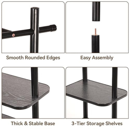 Wood Coat Rack Freestanding Rotary Coat tree with 3 Shelves and 5 Hooks | 4 Swivel Wheels Heavy Duty Clothing Rack Coat Hanger Stand for Corner Entryways Living Rooms and Bedrooms, Black