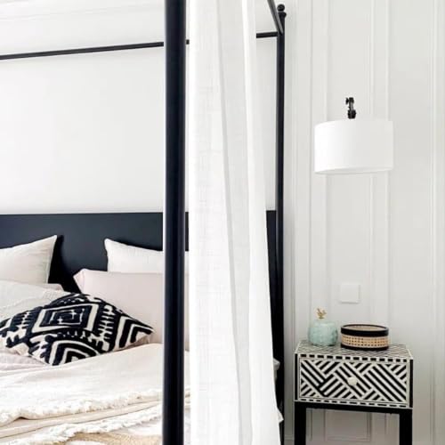 Black Bedside Wall Lamp with White Fabric Drum Shade, Modern Swing Arm Wall Sconce, Adjustable Wall Lighting Fixtures, Hardwired Wall Mounted Reading Light for Bedroom Living Room Hallway