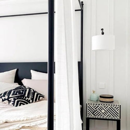 Black Bedside Wall Lamp with White Fabric Drum Shade, Modern Swing Arm Wall Sconce, Adjustable Wall Lighting Fixtures, Hardwired Wall Mounted Reading Light for Bedroom Living Room Hallway