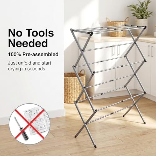 Drying Racks 3 Tier Expandable Clothes Airer Collapsible Clothes Drying Rack, Space-Saving Laundry, Hanging Clothes Indoors & Outdoors, Lightweight, Compact, Folds Away for Convenient Storage