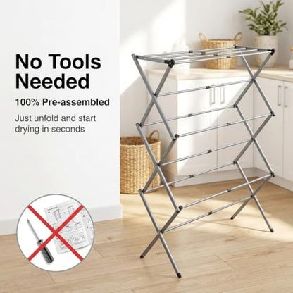 Drying Racks 3 Tier Expandable Clothes Airer Collapsible Clothes Drying Rack, Space-Saving Laundry, Hanging Clothes Indoors & Outdoors, Lightweight, Compact, Folds Away for Convenient Storage