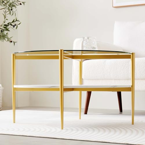 LumFurn Round Coffee Table for Living Room, Mid-Century Modern Design, D30 x H17, 2-Tier Structure, Clear Glass Top and White Marble Finish Wood Shelf, Sleek Conical Metal Legs with Gold Finish Frame - color: D30" Clear & White Marble