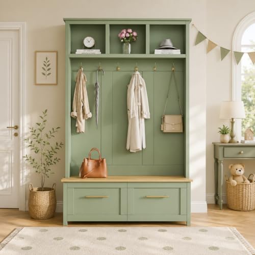 Merax Hall Tree with Storage Bench, Shoe Cabinet & Coat Hooks | 4-in-1 Entryway Design, Spacious Storage, Comfortable Bench, Durable Particle Board, Anti-Tip Safety - color: Mint Green