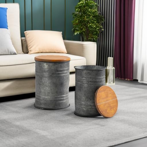 Glitzhome Rustic End Table Set of 2, Farmhouse Galvanized Metal Barrel Ottoman Storage Stool with Round Wood Lid for Living Room Furniture, Grey - color: Grey