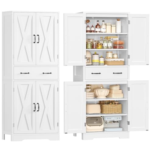 Tall Storage Cabinet with 2 Adjustable Shelves & 1 Large Drawer, Kitchen Pantry Cabinet with 4 Doors, Bathroom Storage Cabinets, for Living Room, Kitchen, Bathroom, White - color: White,1 Drawer