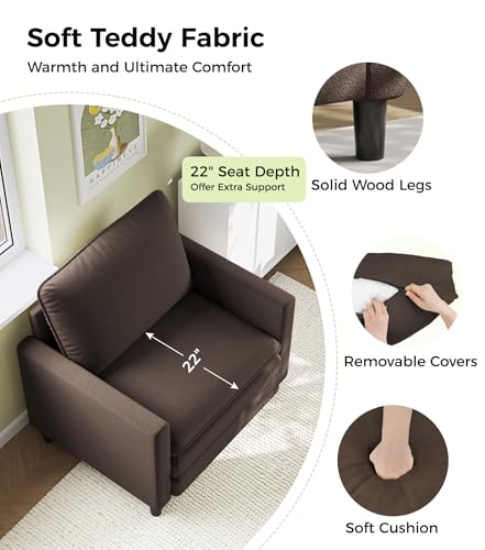 Welzona 3-Layers Cloud Accent Chair, 33" Reading Chair, Teddy Arm Chairs | Comfy Teddy Fabric, Washable Covers, Tool-Free Setup, All-wood Couch Chair for Living Room, Bedroom, Reading Nook, Brown - color: Brown, size: cloud chair
