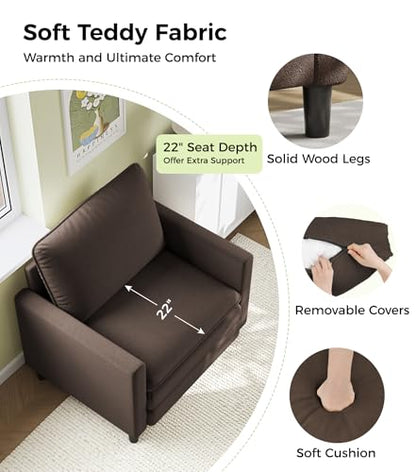 Welzona 3-Layers Cloud Accent Chair, 33" Reading Chair, Teddy Arm Chairs | Comfy Teddy Fabric, Washable Covers, Tool-Free Setup, All-wood Couch Chair for Living Room, Bedroom, Reading Nook, Brown - color: Brown, size: cloud chair