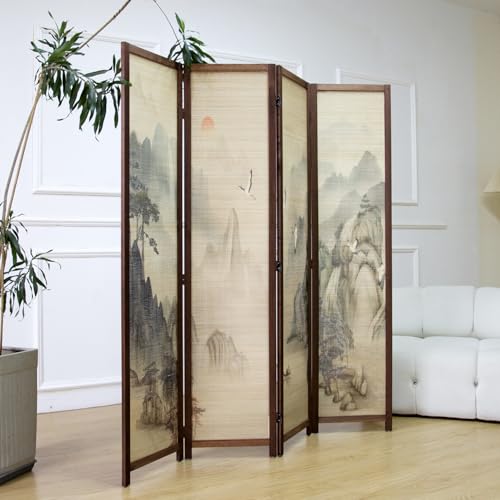 4 Panel Bamboo Room Divider, 5.6 ft Tall Double-Sided Folding Privacy Screen, Premium Thickened Wood Frame with Mountains and Waters Landscape for Home Office (67" H x 63" W) - color: Mountains and Waters, size: 4 Panel