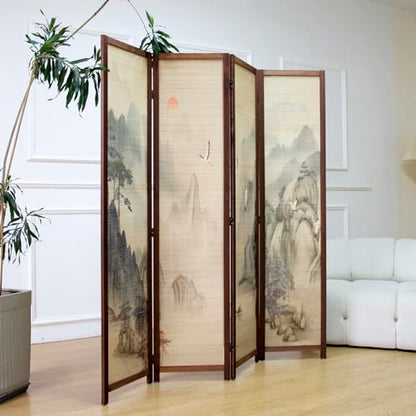4 Panel Bamboo Room Divider, 5.6 ft Tall Double-Sided Folding Privacy Screen, Premium Thickened Wood Frame with Mountains and Waters Landscape for Home Office (67" H x 63" W) - color: Mountains and Waters, size: 4 Panel