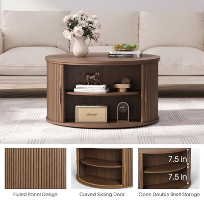 SULIVES Round Coffee Table with Lifting Top, Multifunctional Lift Top Drum Coffee Table with Sliding Door, Small Fluted Center Table for Living Room, Walnut - color: Walnut_round-lift-top
