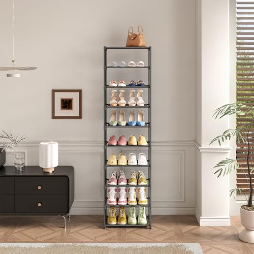 Autonomier 10 Tier Tall Shoe Rack, Non-Woven Fabrics Narrow Shoe Shelf | Vertical Compact Storage Organizer, Small Space Saving for Closet Floor, Front Door Entrance, Entryway, Black - size: 10-Tier