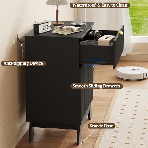 Fluted Nightstand with 3 Large Drawers, Wooden Side End Table with Elevated Legs for Easy Cleaning, Sturdy Modern Beside Table for Small Space, Bedroom, Black, 24" L - color: Black