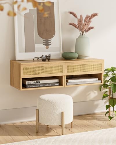 Modern Floating Nightstand with Drawer, Wall Mount Shelves, Oak Rattan | Small Space Saver, Modern Minimalist Design, Wall Mounted Shelves, for Bedroom, Bathroom, Living room, Easy Assembly, Rattan - color: Oak Rattan