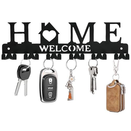 Key Holder Wall Mount, Adhesive Key Hanger with 12 Hooks, Black | Metal Material, 2 Mount Options, Compact Design, Cute Wall Decoration, Suit for Entryway, Doorway, Hallway, RV, Garage - style: 12 Hooks