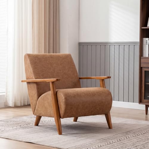 Home Accent Chair Mid Century Modern Accent Chair with Wood Frame, Faux Leather Upholstered Armchair, Reading Chair, for Living Room, Bedroom,Office,Comfy Guest Waiting Room Chairs Brown - color: Brown, size: Faux Leather