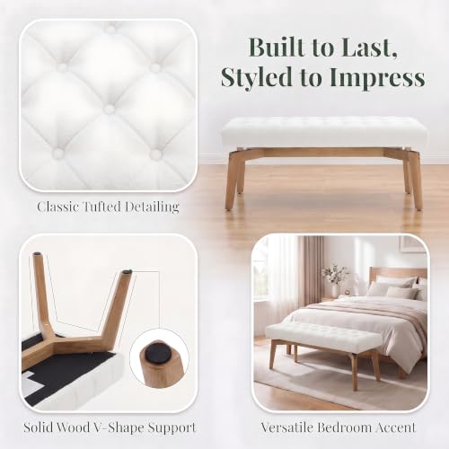 HNY White Upholstered Bench,End of Bed Bench | Entryway Bench Storage Bench Modern Tufted Floating Design Window Bench Seat for Living Room Indoor Hallway( Chenille) - color: White Chenille