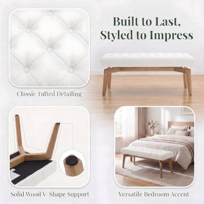 HNY White Upholstered Bench,End of Bed Bench | Entryway Bench Storage Bench Modern Tufted Floating Design Window Bench Seat for Living Room Indoor Hallway( Chenille) - color: White Chenille