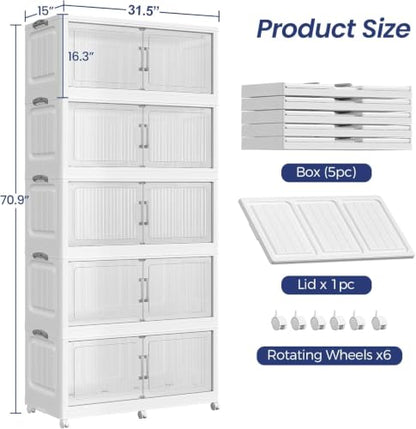 200Gal Extra Large Stackable Storage Bins with Lid, 800QT Foldable Collapsible Storage Box with Doors and Wheels, Plastic Closet Organizers Container Drawer for Bedroom Dorm Kitchen, 5Pack - size: 40Gal-5Pack