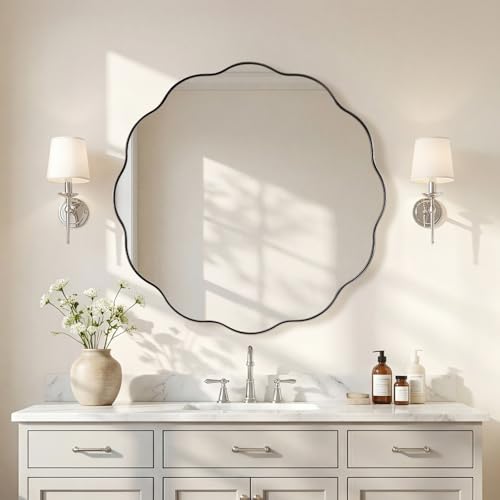Chrome Round Wall Mirror 28 inch, Polished Metal Frame Circle Bathroom Mirror in SUS304 Stainless Steel Frame, with Unique Modern Circular Wavy Design - color: Chrome, size: 28"L x 28"W