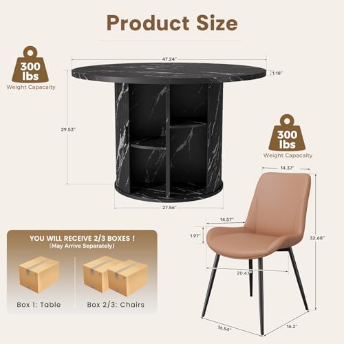 3-Piece Round Dining Table Set for 2, 47-Inch Modern Faux Marble Dining Table with Half-Open Storage Shelf, Upholstered Dining Chairs with Thick Cushions (Black Faux Marble Table + 2 Brown Chairs) - color: Black Faux Marble Table + 2 Brown Chairs-196, siz