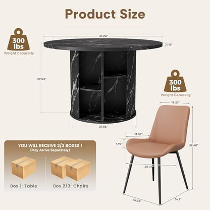 3-Piece Round Dining Table Set for 2, 47-Inch Modern Faux Marble Dining Table with Half-Open Storage Shelf, Upholstered Dining Chairs with Thick Cushions (Black Faux Marble Table + 2 Brown Chairs) - color: Black Faux Marble Table + 2 Brown Chairs-196, siz