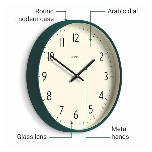 JONES CLOCKS® Studio Clock | Modern Round wall Clock | 12" | Dark Green | Easy to Read Numbers | Versatile Design for Kitchen, Living Room or Office - color: Eden Green