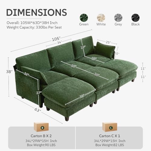 Ihanherry 105" Sleeper Sofa, Modular Sectional Cloud Couch with Oversized Large Cushions & 3 Movable Ottoman, Chenille Deep Seat Couch for Living Room, Green - color: Green, size: 105“ 6 Seat Sleeper Sofa
