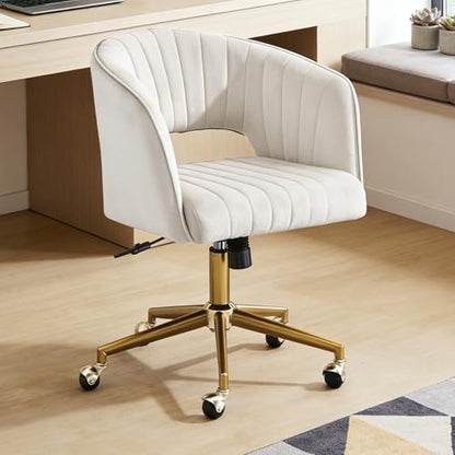 Home Office Desk Chair, Vanity Chair with Back 360 Swivel Armchair and Gold Base, Velvet Criss Cross Chair with Wheels for Vanity Home Office, Living Room, Bedroom and Study (Beige) - color: Beige