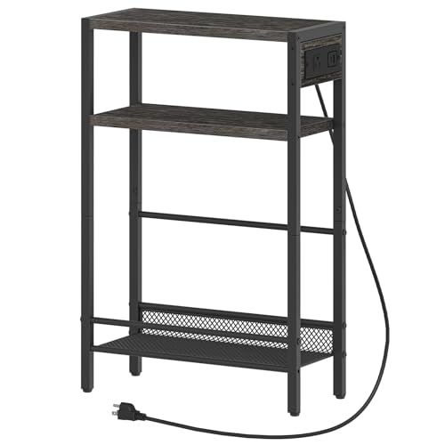 HOOBRO Small Narrow Side Table with Charging Station, Skinny End Table for Small Spaces, Slim Nightstand with USB Ports Outlet, Sofa Beside Table with Storage Shelf, Charcoal Black BC102UBZ01 - color: Charcoal Black + Black