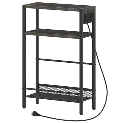 HOOBRO Small Narrow Side Table with Charging Station, Skinny End Table for Small Spaces, Slim Nightstand with USB Ports Outlet, Sofa Beside Table with Storage Shelf, Charcoal Black BC102UBZ01 - color: Charcoal Black + Black