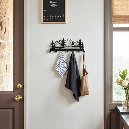 Key Holder Wall Mounted Key Hooks, Black Metal Key Rack Hooks, The Great Grove, Mountain Theme Wall Decoration Hooks, with 7 Hooks, Applicable to Front Doors, Lobby,Corridor, Offices (12 ")