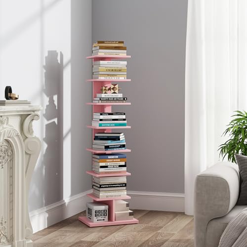 TUTOTAK Book Shelf, Narrow Spine Bookshelf, 8-Tier Bookcase for Small Space | 10.4 x 13.4 x 47.5 Inches Vertical Freestanding Corner Shelf for Living Room, Office, Study, Entryway, Pink BS06BP008 - color: Pink, size: 8 Tier