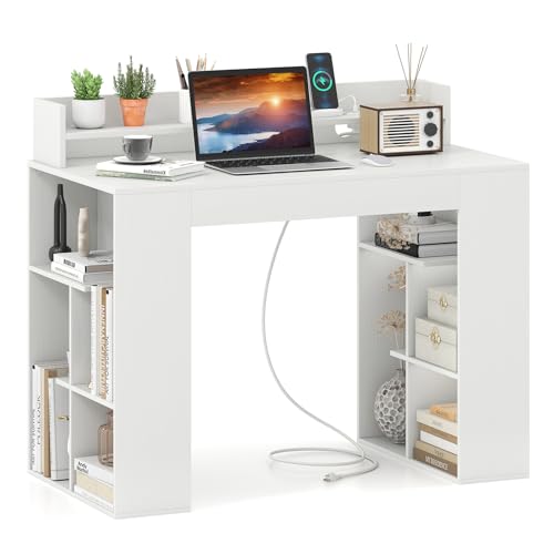 GIANTEX White Desk with Storage Shelves, 43" Home Office Computer Desk with Charging Station, Dual 3 Tier Bookshelf & Monitor Stand, PC Table Workstation, Modern Study Writing Desk for Bedroom, Dorm