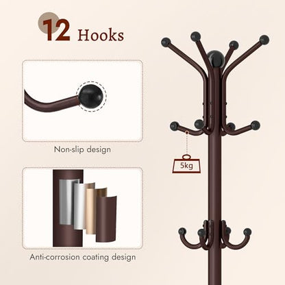 FAVOOSTY Coat Rack Freestanding,Coat Rack Stand with Umbrella Holder,Metal Coat Tree with 12 Hooks,Tree Clothes Hat for Entryway, Hallway, Bedroom, Living Room & Office -Brown - color: Brown
