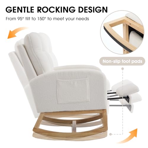Rocking Chair Nursing, Rocker Chair with Footrest (White Retro) | Teddy Boucle Upholstered Accent Reading Chair with High Back & Side Pocket for Living Room Bedroom Nursery Office - color: White Retro