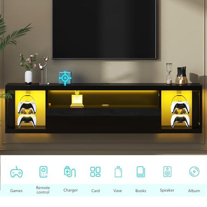 DlandHome 55.1" W Floating TV Stand with LED, Wooden Entertainment Center | Wall Mounted TV Shelf for 50/55/60/65" TV, Media Console with Storage Shelves, Floating Entertainment Center, Black - size: 55.1'' Black