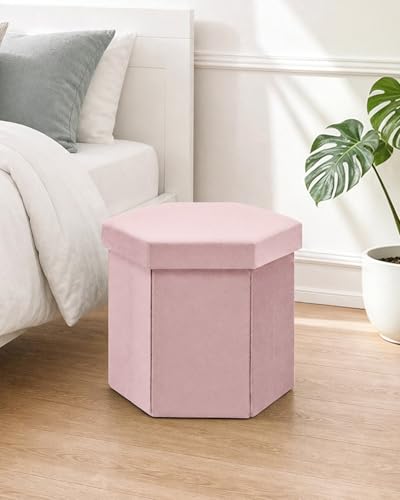 B FSOBEIIALEO Storage Ottoman Cube Hexagonal Pouf Ottomans, Foot Rest Seat for Sofa Footrest Entryway Shoe Footstool for Living Room/Bedroom/Entrway Velvet Pink 16.93"x15"x15" - color: Pink