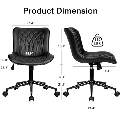 VECELO Mid-Back Desk Chair with Adjustable Height, PU Leather Makeup Vanity Chair with Wheels, Armless Space-Saving Task Chair, for Home Office, Black