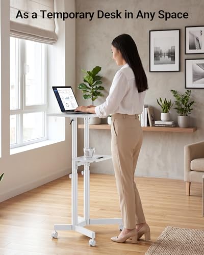 BONTEC Lecterns & Podiums Portable Mobile Standing Laptop Desk, Sit Stand | Height Adjustable, Home Office Classroom Pulpit Stand Up Desk Workstation, Rolling Table Laptop Cart with Storage Tray, White - color: White