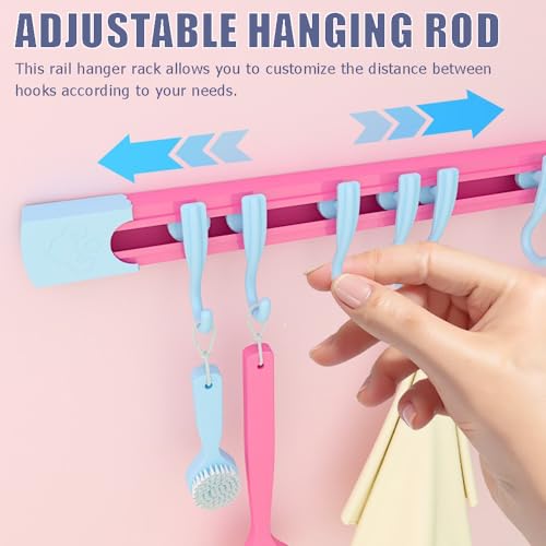 OULIGET Utility Slide Rail Hook,Under Cabinet Kitchen No Punching Hooks for Hanging Utensil,Bathroom Bedroom Office Wall Door Rack with 10 Hooks,2Pieces - color: Blue Pink