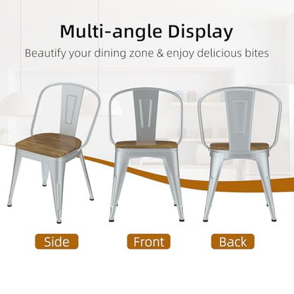 18 Inch Dining Chairs Set of 4, Farmhouse Metal Chairs with High Back and Wooden Seat, Stackable Industrial Bar stools for Dining Room(Silver) - color: Silver