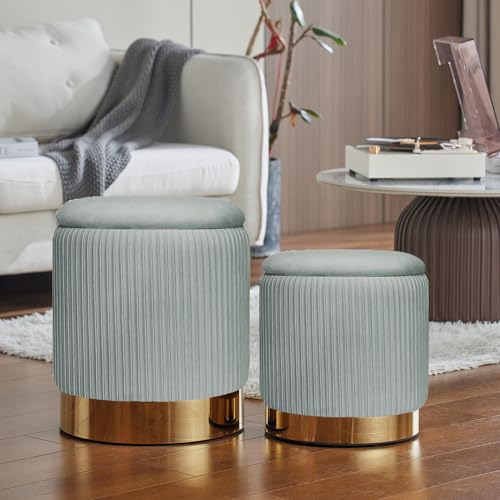 Round Ottoman with Storage Set of 2 Light Grey Velvet Vanity Stool | Upholstered,Small Ottoman Coffee Table, Removable Lid,Foot Stool for Living Room,Bedroom,Assembly Free,Gold and Light Grey - color: Light Grey