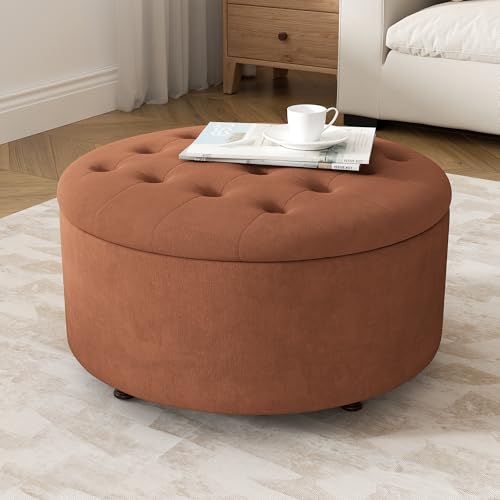 30 Inch Round Storage Ottoman,Modern Tufted Ottomans,Upholstered Large Ottoman with Storage with Removable Top Footrest Stool for Bedroom Living Room (Orange) - color: Orange, size: 30"D x 30"W x 16.9"H