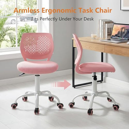 POWERSTONE Small Home Office Desk Chair, Swivel Rolling Study Computer Chair, Adjustable Height Task Chair with Armless Mid Back, Upholstered Mesh Seat, Pink - color: Pink